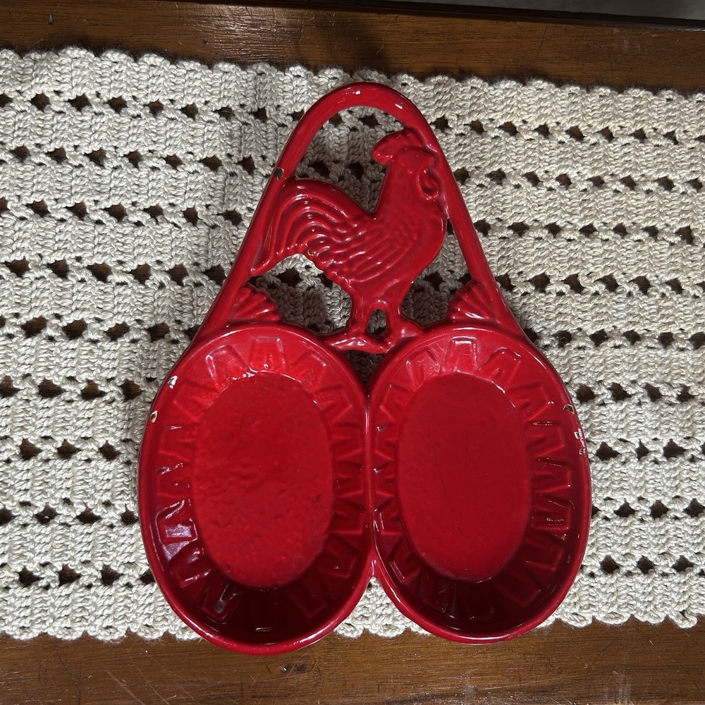 ODI Double Spoon Rest Cast Iron Enamel RED Rooster Country Farmhouse Retro